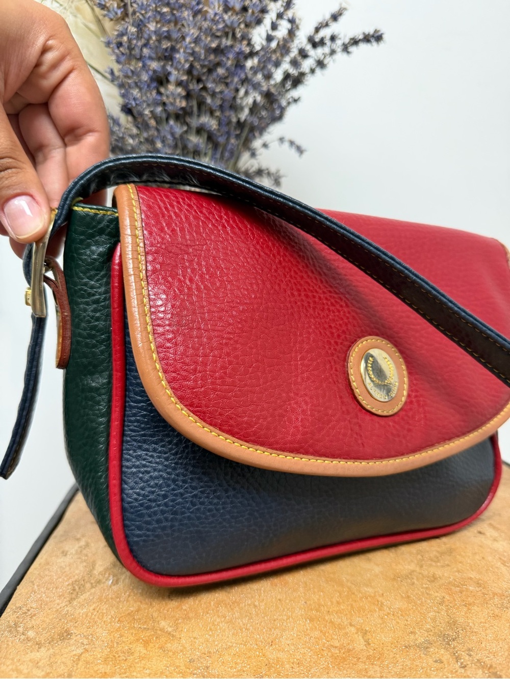 ALFRED SUNG Red, Navy & Green Colorblock Leather Shoulder Bag